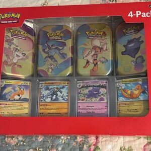 Pokemon Trading Card Game 4-Pack with Colorful Tins